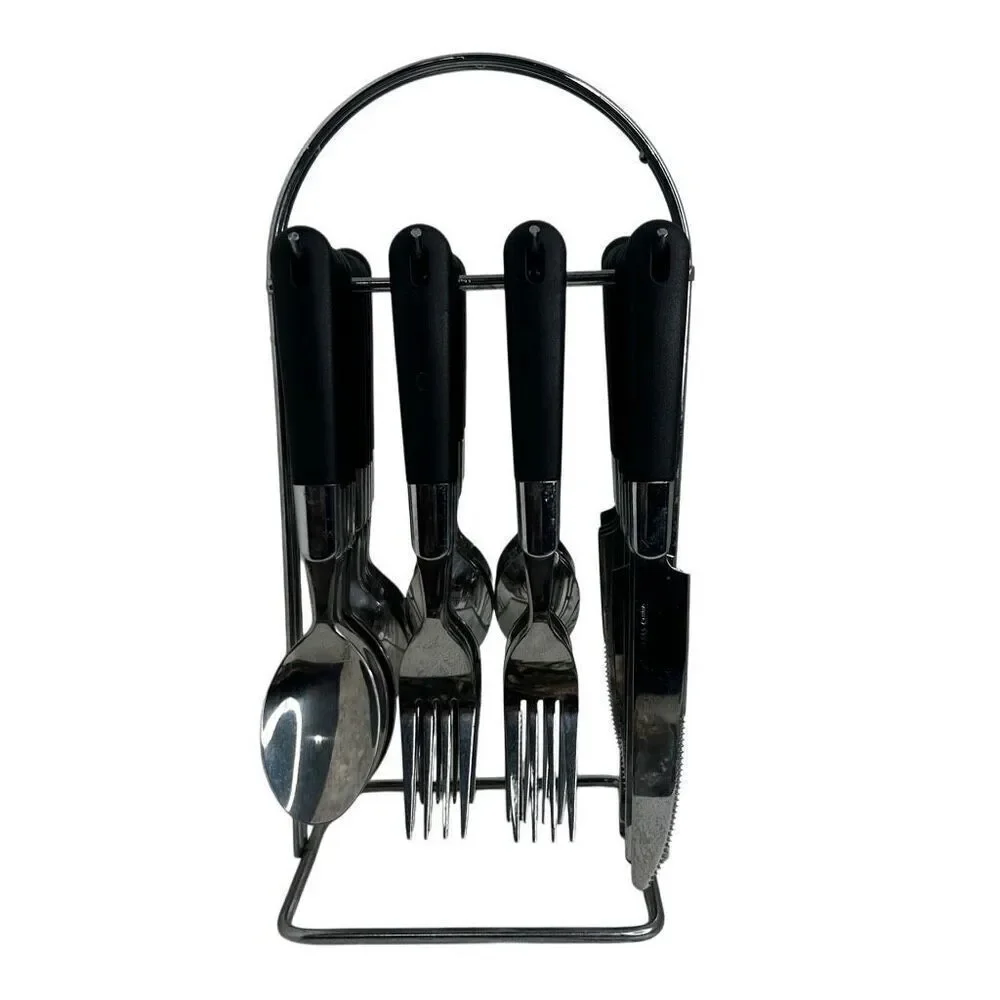 Hanging Cutlery Set 32 Piece NOT 16 Stainless Steel Black Glossy Plastic Handles